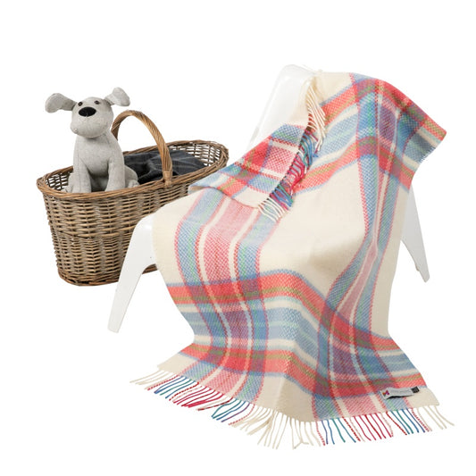 Baby Blanket Cashmere Merino Wool White Pink Blue Tartan in a presentation box