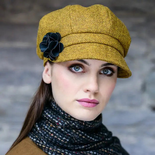 Ladies Tweed Newsboy Hat - Mustard