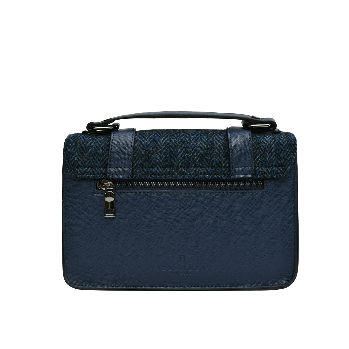 Navy Herringbone Harris Tweed Medium Satchel Back