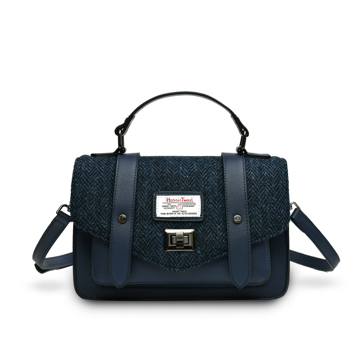 Navy Herringbone Harris Tweed Medium Satchel Front