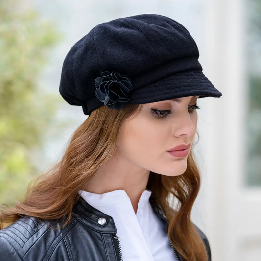 Ladies Tweed Newsboy Hat - Black