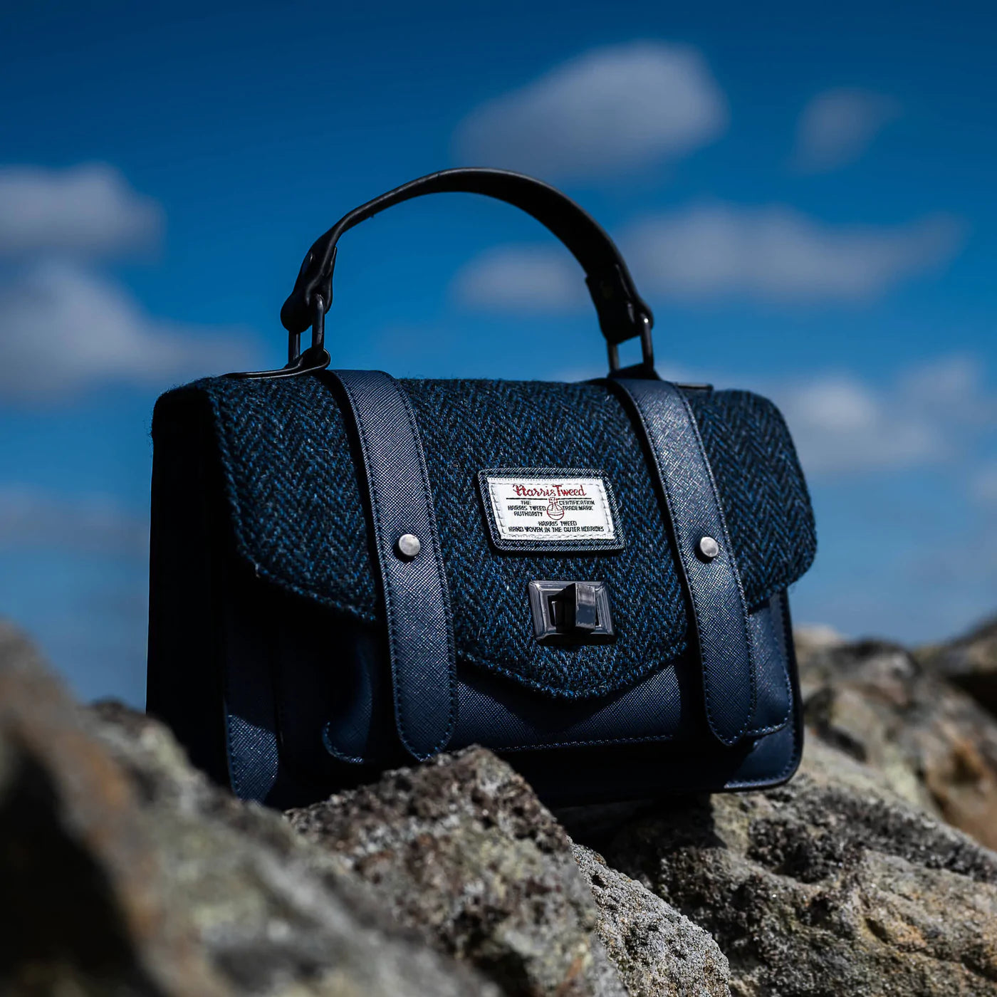 Navy Herringbone Harris Tweed Medium Satchel