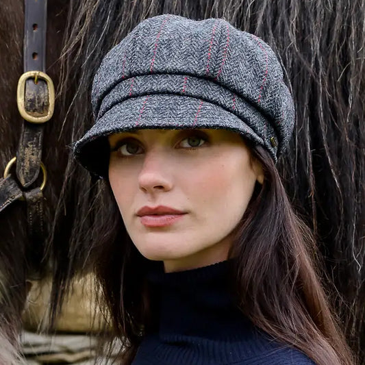 Ladies Tweed Newsboy Hat - Charcoal with Red